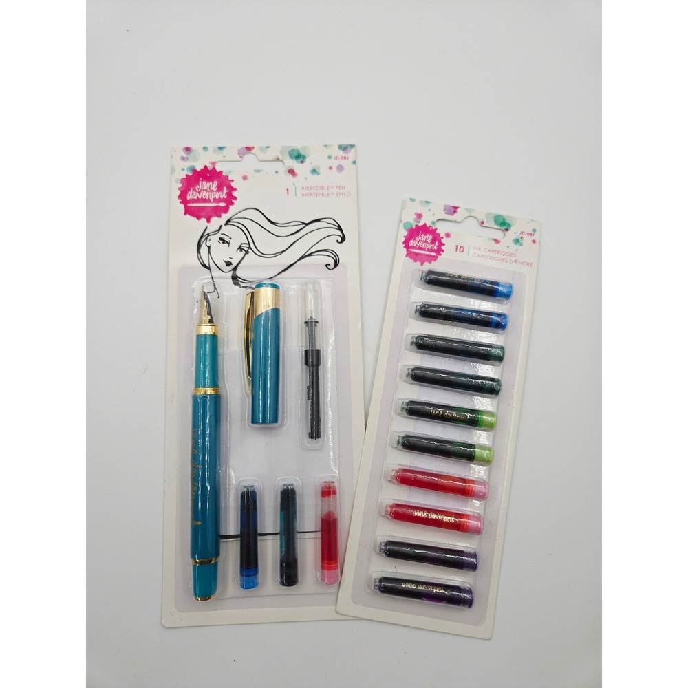 Jane Davenport INKredible Fountain Pen Teal & 10 Ink Cartridges Set JD-086 087